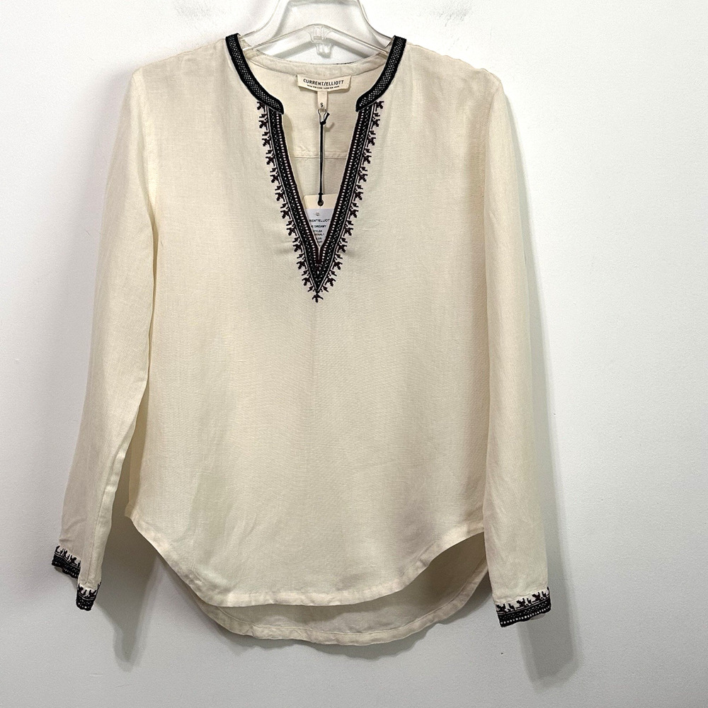 Current Elliott Top S Linen Blend Embroidered V Neck‎ The Dreamy Popover NEW